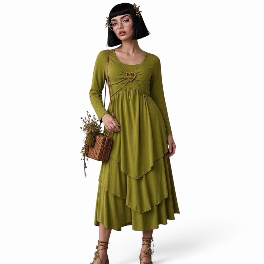 Fairycore Olive Green Tiered Midi Dress Heart Buckle Long Sleeve Cottagecore 1XL